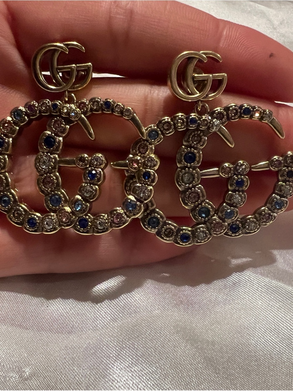 1.1 Gucci Gold Double G Crystal Drop Earrings with Blue and Clear Stones